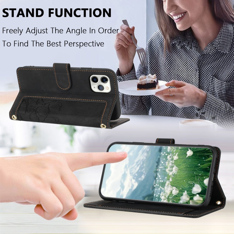 Funda de piel con relieve de tulipanes para iPhone 11 Pro Max con cordón (Negro)