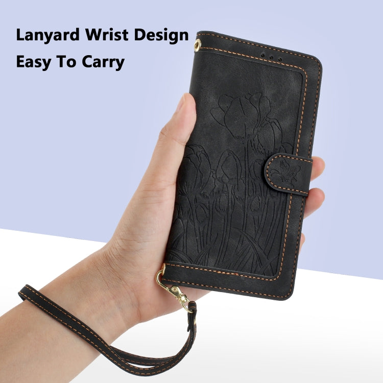 Funda de piel con relieve de tulipanes para iPhone 11 Pro Max con cordón (Negro)