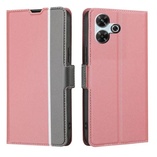 Funda de Cuero con Textura de Sarga y Botones Laterales para Redmi 13 4G (Rosa)