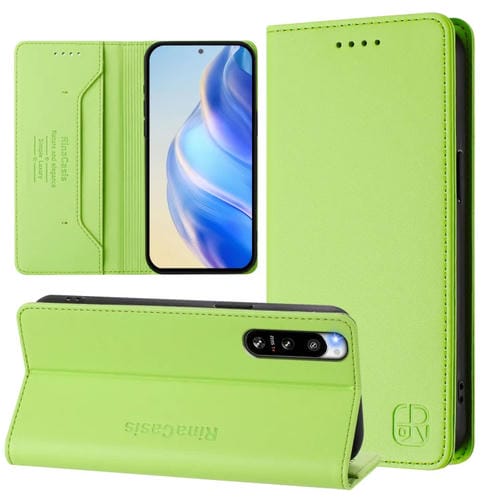 Funda de Cuero para Sony Xperia 5 IV RC01 con Doble Pliegue y Succión Magnética RFID (Verde Hierba)