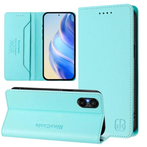 Funda de Cuero con Doble Pliegue y Succión Magnética RFID para Sony Xperia 5 V Rc01 (Verde Menta)