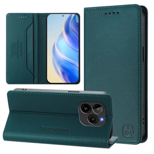 Funda de Cuero RFID para Teléfono Blu G54 RC01 con Doble Pliegue y Succión Magnética (Verde Oscuro)