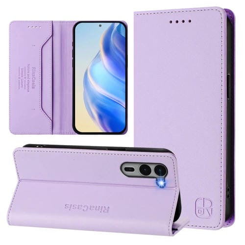 Funda de Cuero Rfid con Doble Pliegue y Succión Magnética para Fujitsu Arrows We2 Plus / F-51E Rc01 (Morado Claro)