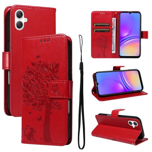 Funda de cuero con tapa y estampado de árbol y gato para Samsung Galaxy A07 5G (roja)
