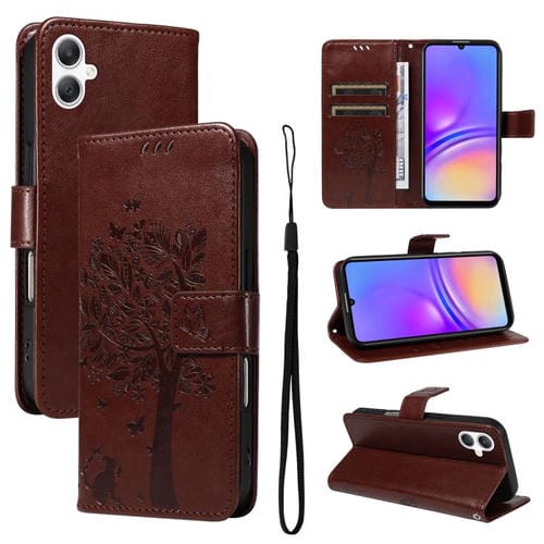 Funda de cuero con tapa y estampado de árbol y gato para Samsung Galaxy A07 5G (café)