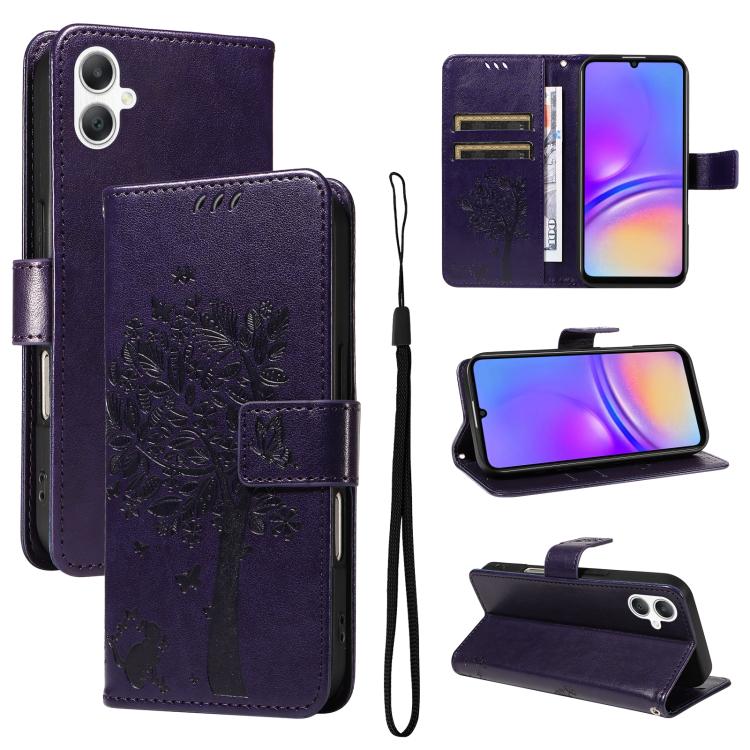 Funda de cuero con tapa y estampado de árbol y gato para Samsung Galaxy A07 5G (morado)