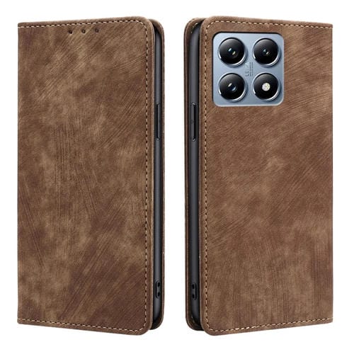 Funda de Cuero Magnética con Cepillo Antirrobo Rfid para Xiaomi 14T Pro 5G (Marrón)