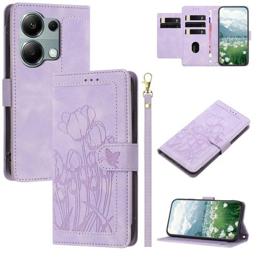 Funda de Cuero con Relieve de Tulipanes para Redmi Note 13 Pro 5G con Cordón (Morado)