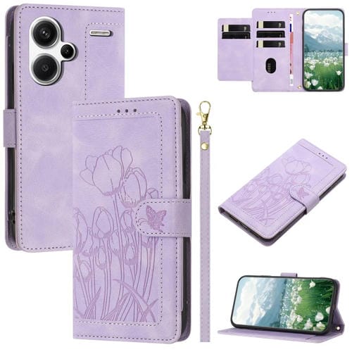 Funda de Cuero con Relieve de Tulipanes para Redmi Note 13 Pro+ 5G con Cordón (Morado)