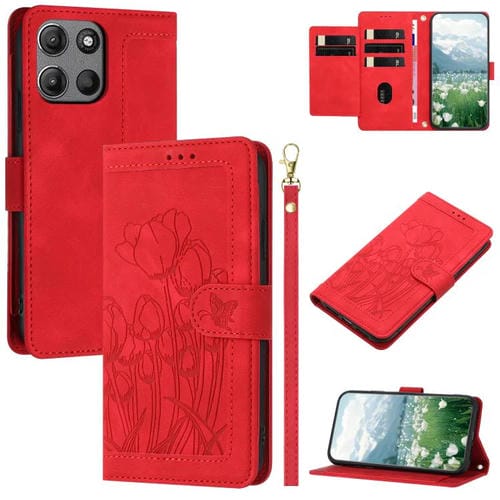 Funda de Cuero con Relieve de Tulipanes para Motorola Moto G Play 2025 con Cordón (Rojo)