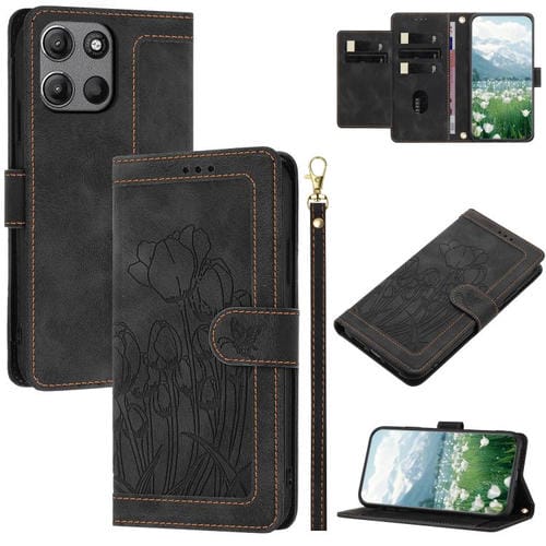 Funda de Cuero con Relieve de Tulipanes para Motorola Moto G 5G (2025) con Cordón (Negro)