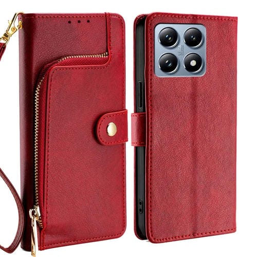 Funda de Cuero con Cremallera para Teléfono Xiaomi 14T Pro 5G (Roja)
