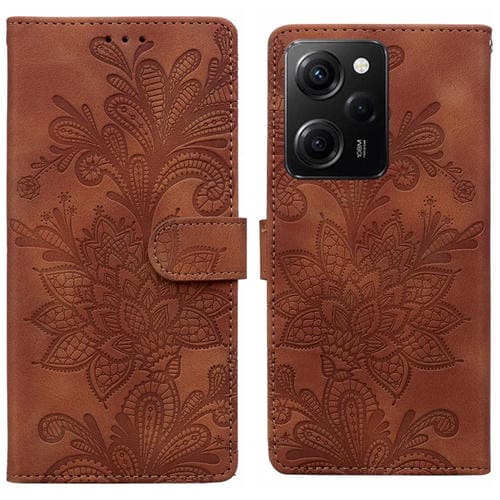 Funda de Teléfono con Hebilla Magnética y Encaje Floral En Relieve para Redmi Note 12 Pro 5G Global (Marrón)