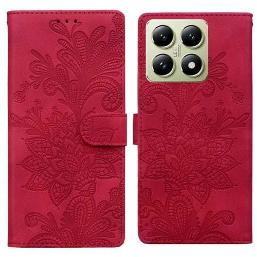 Funda De Cuero Con Hebilla Magnética Y Encaje Floral En Relieve Para Xiaomi 14T (Rojo)