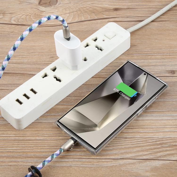 Cable de carga de datos Tipo C a Tipo C silicona para teléfono cruzado con cordón largo (Verde, Morado y Blanco)