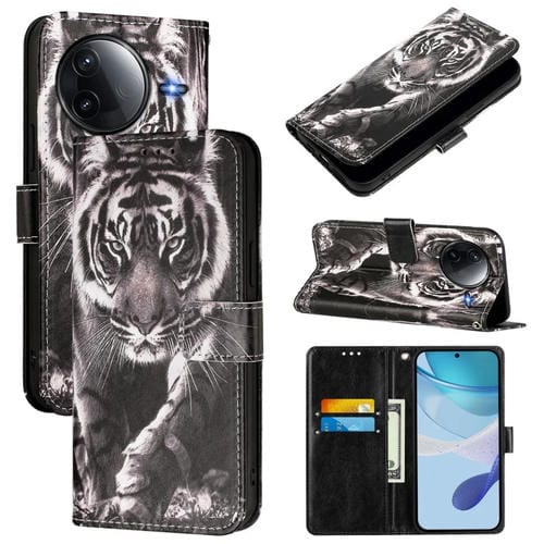 Funda de Teléfono de Cuero con Tejido Liso y Estampado de Dibujos de Colores para Redmi K80/K80 Pro (Tigre Blanco y Negro)