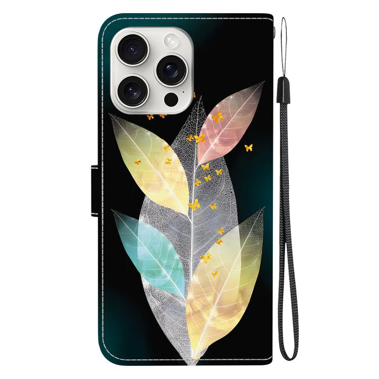 Funda de Cuero para iPhone 16 Pro Max con Dibujo de Colores y Textura de Cristal (Hojas de Colores)