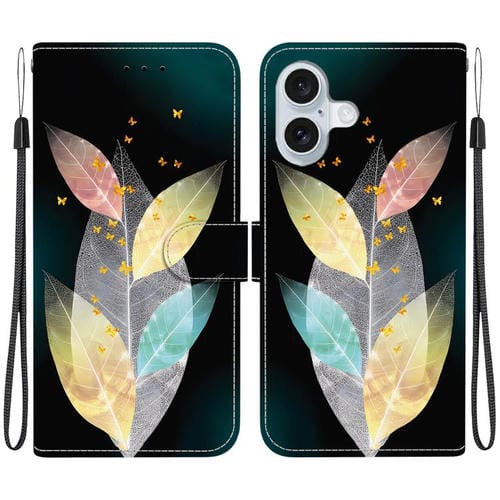 Funda de Cuero para iPhone 16 Plus con Dibujo de Colores y Textura de Cristal (Hojas de Colores)