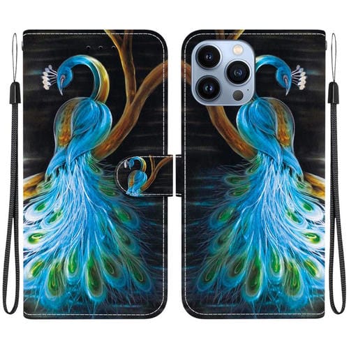 Funda de Cuero para iPhone 15 Pro Max con Dibujo de Colores y Textura de Cristal (Pavo Real)