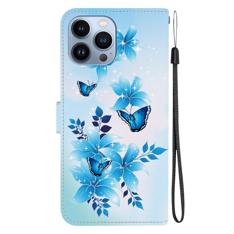 Funda de Cuero para iPhone 15 Pro Max con Dibujo de Colores y Textura de Cristal (Mariposas Azules)