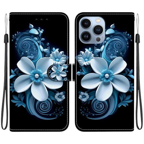 Funda de Cuero para iPhone 15 Pro Max Dibujo de Colores Textura de Cristal (Orquídea Negra)