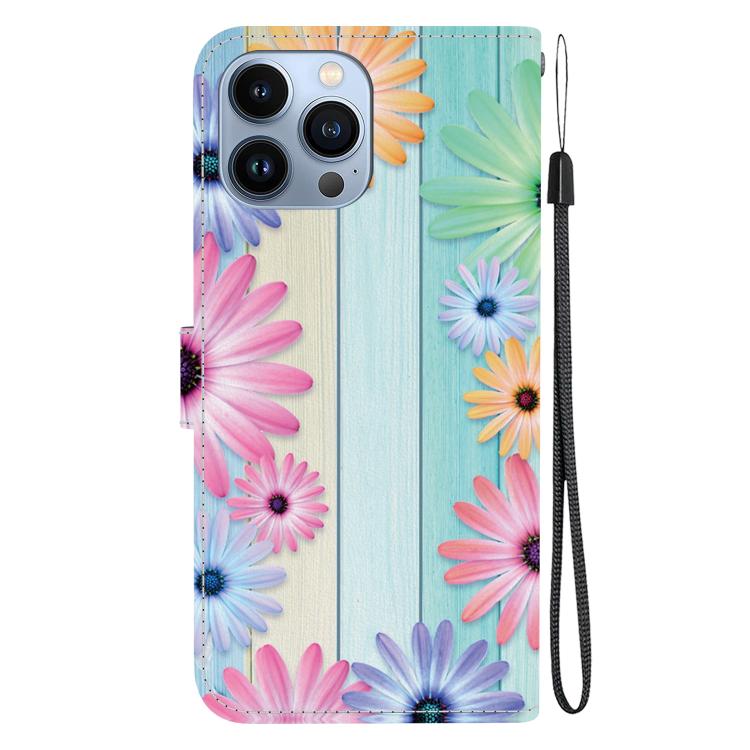 Funda de Cuero para iPhone 15 Pro Max con Dibujo de Colores y Textura de Cristal (Girasoles)