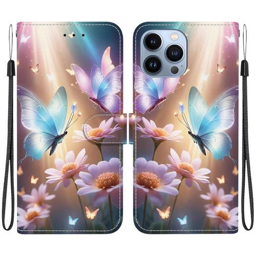 Funda de Cuero iPhone 15 Pro Dibujo Colores Textura Cristal (Mariposa, Amor y Flores)