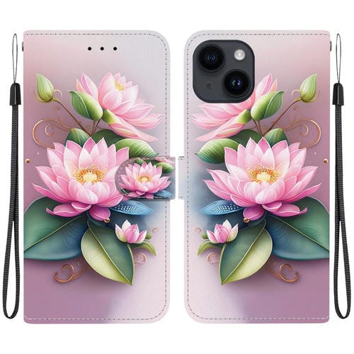 Funda de Cuero para iPhone 15 Plus con Dibujo de Colores y Textura de Cristal (Lotus)