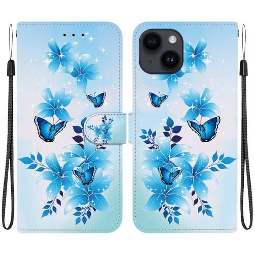 Funda de Cuero para iPhone 14 Plus con Dibujo de Colores y Textura de Cristal (Mariposas Rosas)