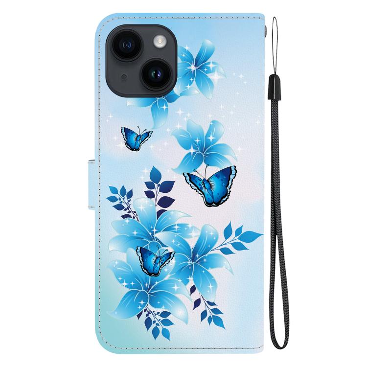 Funda de Cuero iPhone 14 Dibujo Colores Textura Cristal (Mariposas Azules)