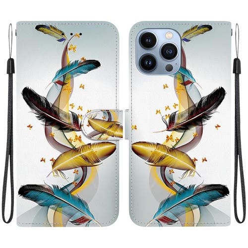 Funda de Cuero para iPhone 13 Pro con Dibujo de Colores y Textura de Cristal (Plumas de Mariposa Doradas)