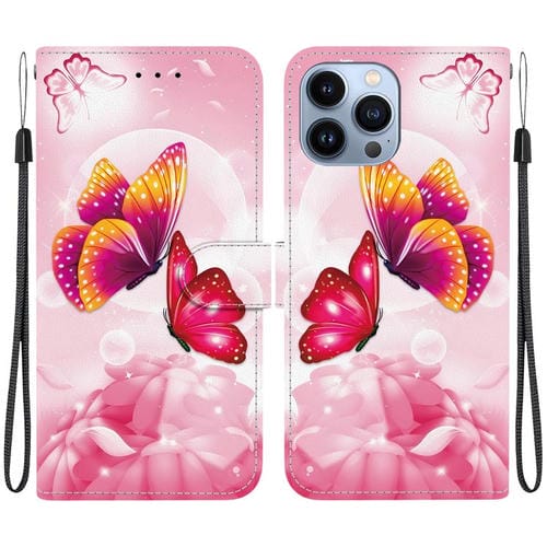 Funda de Cuero para iPhone 12/12 Pro con Dibujo de Colores y Textura de Cristal (Mariposas Rosas)