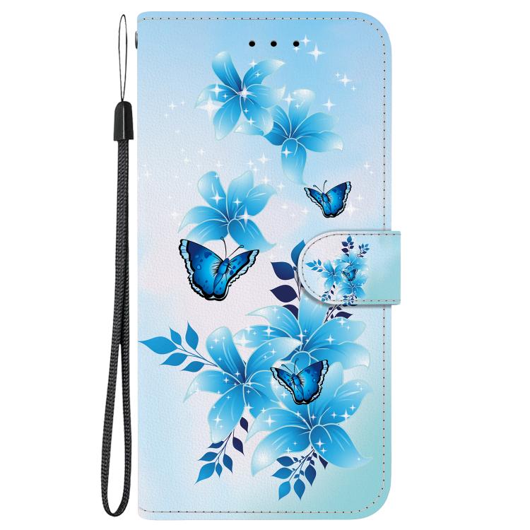 Funda de Cuero para iPhone 16E con Dibujo de Colores y Textura de Cristal (Mariposas Azules)