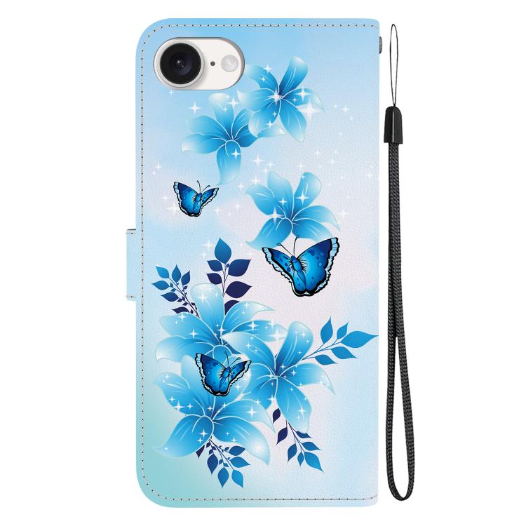 Funda de Cuero para iPhone 16E con Dibujo de Colores y Textura de Cristal (Mariposas Azules)