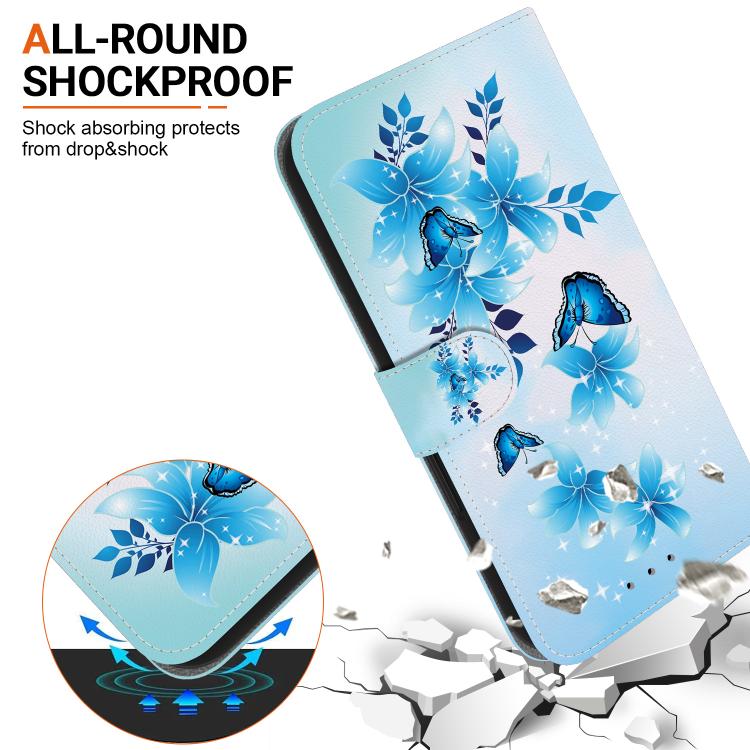 Funda de Cuero para iPhone 16E con Dibujo de Colores y Textura de Cristal (Mariposas Azules)