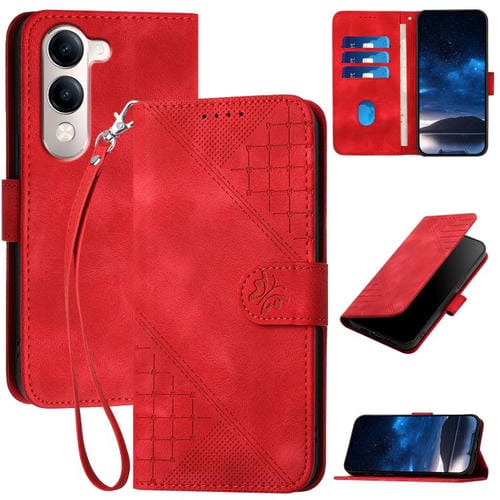 Funda de Cuero con Estampado de Mariposas En Relieve y Cuadrícula Global para Vivo Y29S 5G / Y04 4G (Roja)