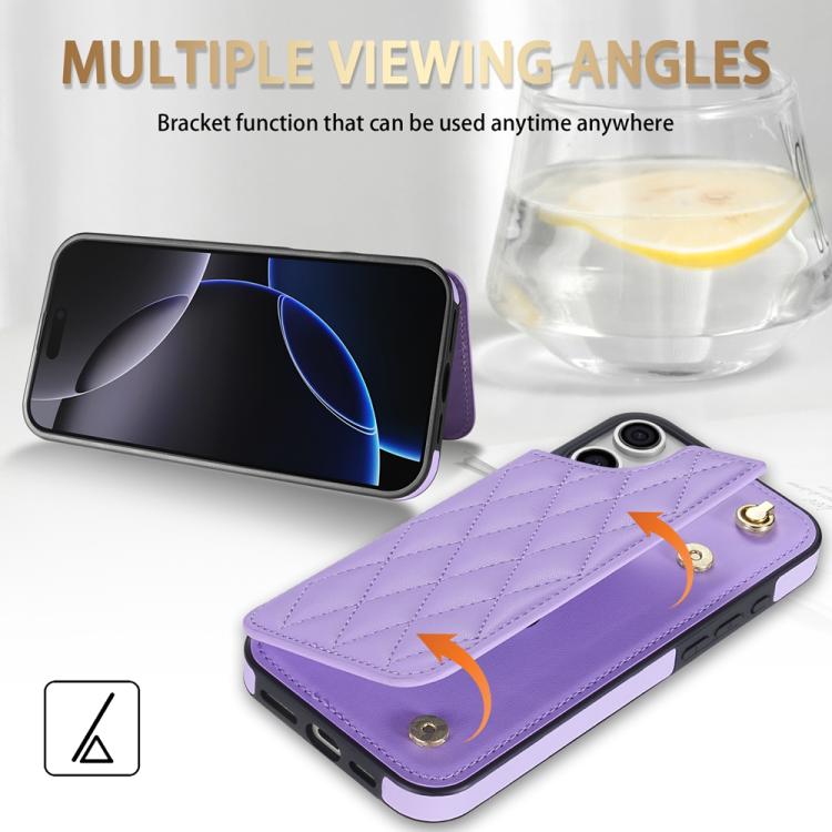 Estuche para Teléfono Rombal iPhone 16 Pro Max Ranuras Tarjetas Hebilla Doble Cordón (Morado)