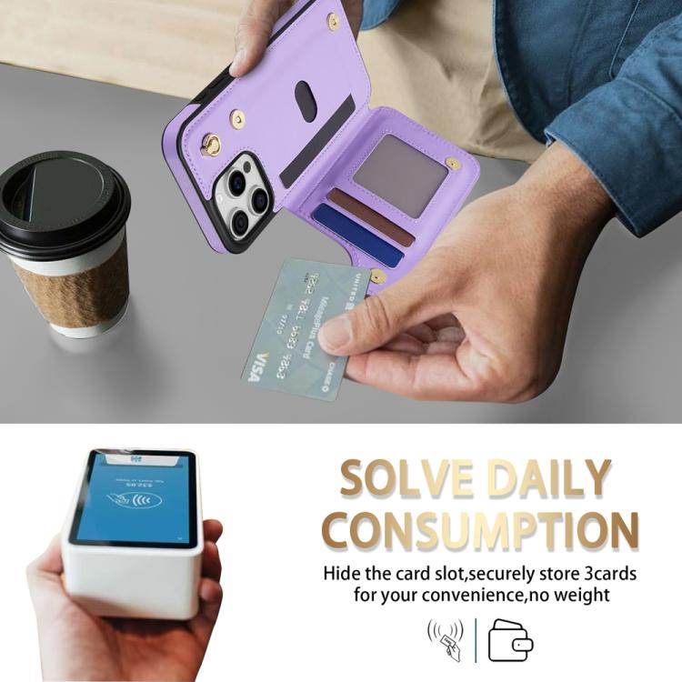 Estuche para Teléfono Rombal iPhone 16 Pro Max Ranuras Tarjetas Hebilla Doble Cordón (Morado)