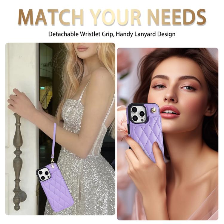 Estuche para Teléfono Rombal iPhone 16 Pro Max Ranuras Tarjetas Hebilla Doble Cordón (Morado)