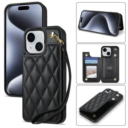 Estuche para Teléfono iPhone 15 Plus con Ranuras para Tarjetas y Hebilla Doble Rombal (Negro)