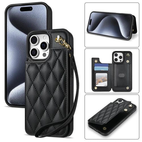 Estuche para Teléfono Rombal iPhone 13 Pro Max con Ranuras para Tarjetas y Cordón (Negro)