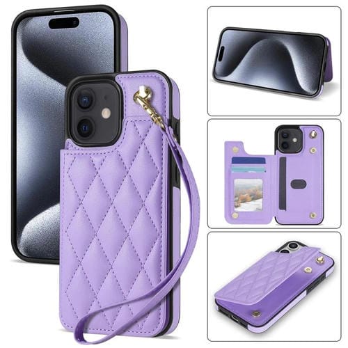 Funda para Teléfono iPhone 12/12 Pro Ranuras Tarjetas Hebilla Doble Rombal con Cordón (Morado)