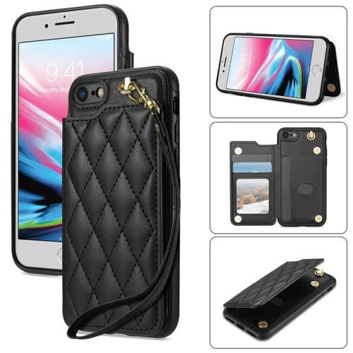 Estuche para Teléfono iPhone 8 Plus 7 Plus Ranuras Tarjetas Hebilla Doble Cordón (Negro)