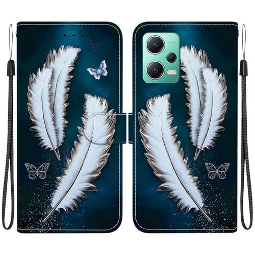 Funda de Cuero con Dibujo de Colores y Textura de Cristal para Redmi Note 12 5G/Poco X5 (Plumas de Mariposa Blancas)