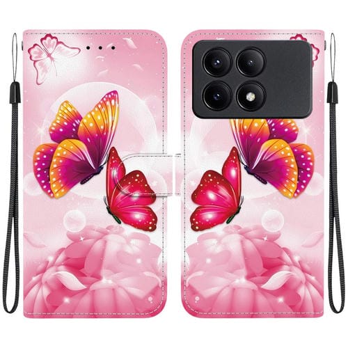 Funda de Cuero con Dibujo de Colores y Textura de Cristal para Redmi K70E/Poco X6 Pro (Mariposas Rosas)