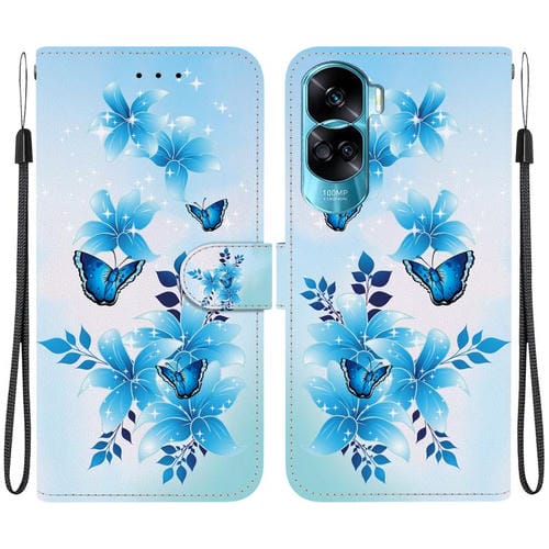 Funda de Cuero para Honor 90 Lite con Dibujo de Colores y Textura de Cristal (Mariposas Azules)