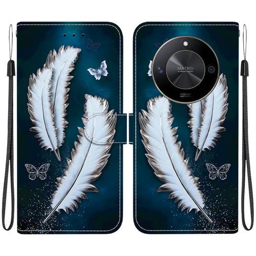 Funda de Cuero con Textura de Cristal y Dibujo para Honor X9B/Magic6 Lite (Plumas de Mariposa Blancas)
