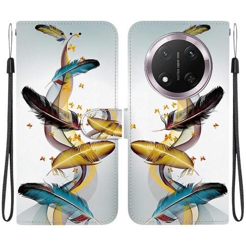 Funda de Cuero con Dibujo y Textura de Cristal para Honor X9C (Plumas de Mariposa Doradas)