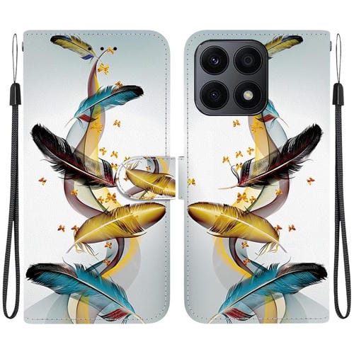 Funda de Cuero para Honor X8A con Dibujo de Colores y Textura de Cristal (Plumas de Mariposa Doradas)