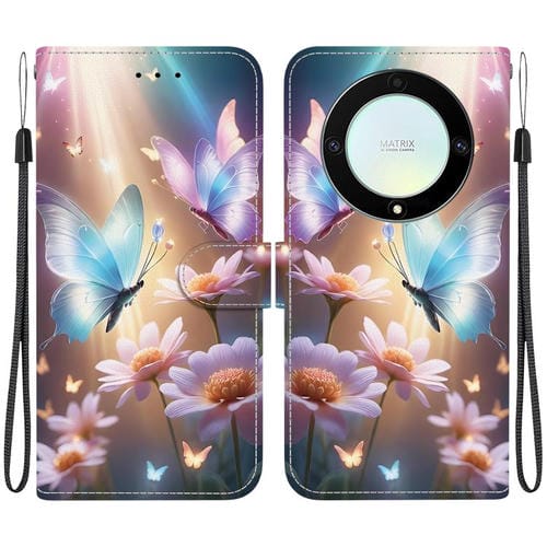 Funda de Cuero para Honor X9A con Dibujo de Colores y Textura de Cristal (Mariposa, Amor y Flores)
